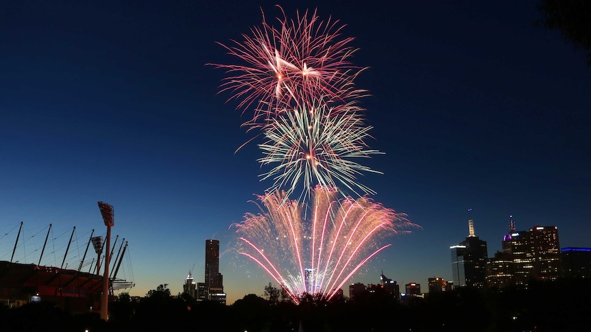 The 9.30pm New Year's Eve fireworks at Yarra Park in Melbourne