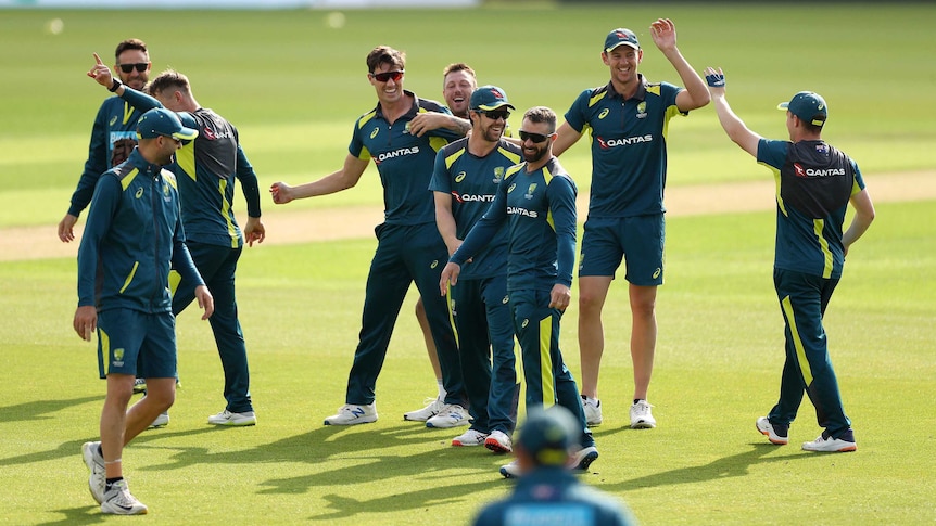 A group of cricketers have a laugh during a training session.