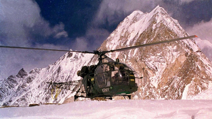 A Pakistan army helicopter lands on the Siachen Glacier