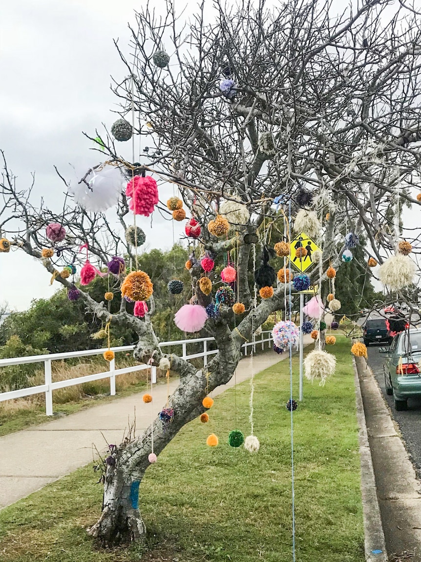 A tree with pom poms hanging from it.