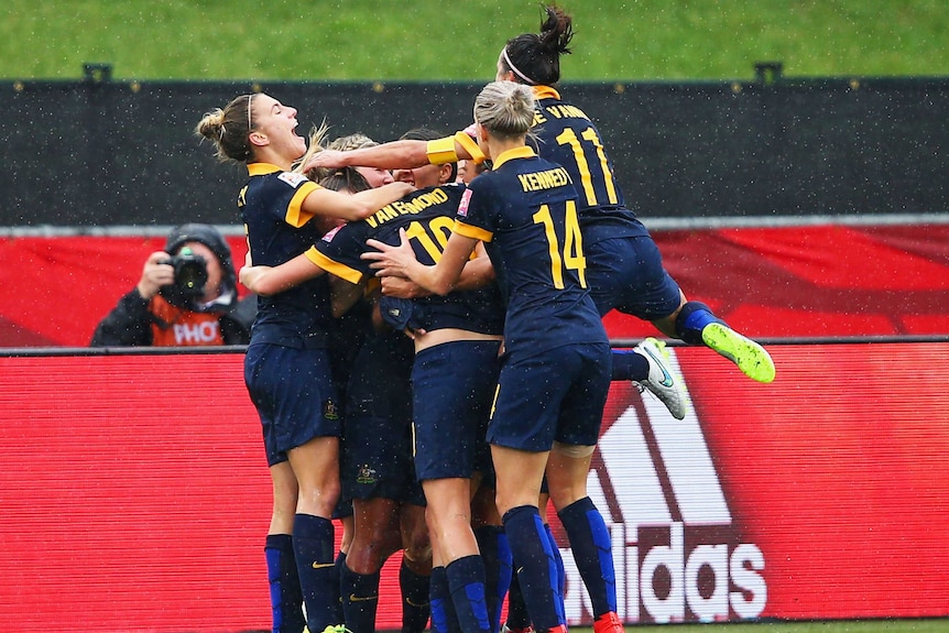 Kyah Simon swamped after scoring for Matildas against Brazil