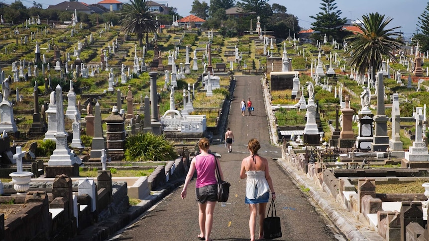 Women walk through a cemetery.