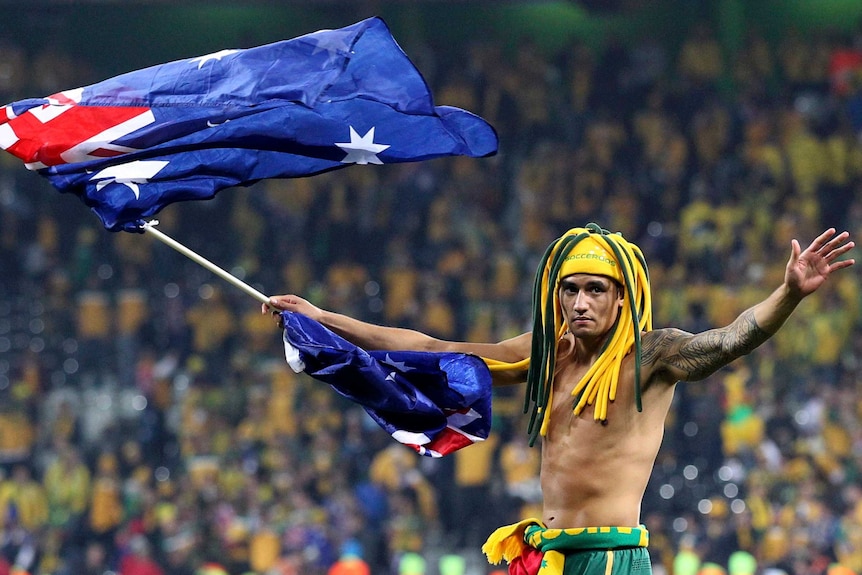 Australia's Tim Cahill celebrates after the team's victory over Serbia at the 2010 World Cup.