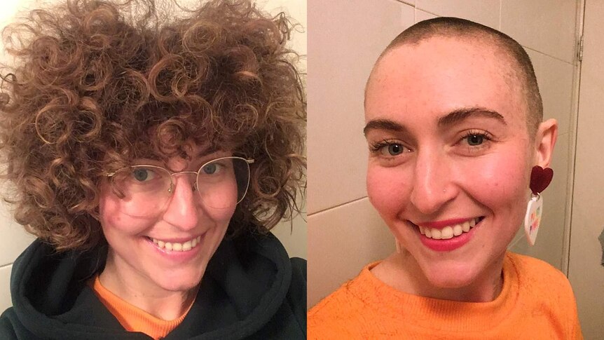 Two images side by side: before and after Naomi Goldwater shaved off all her curly hair.