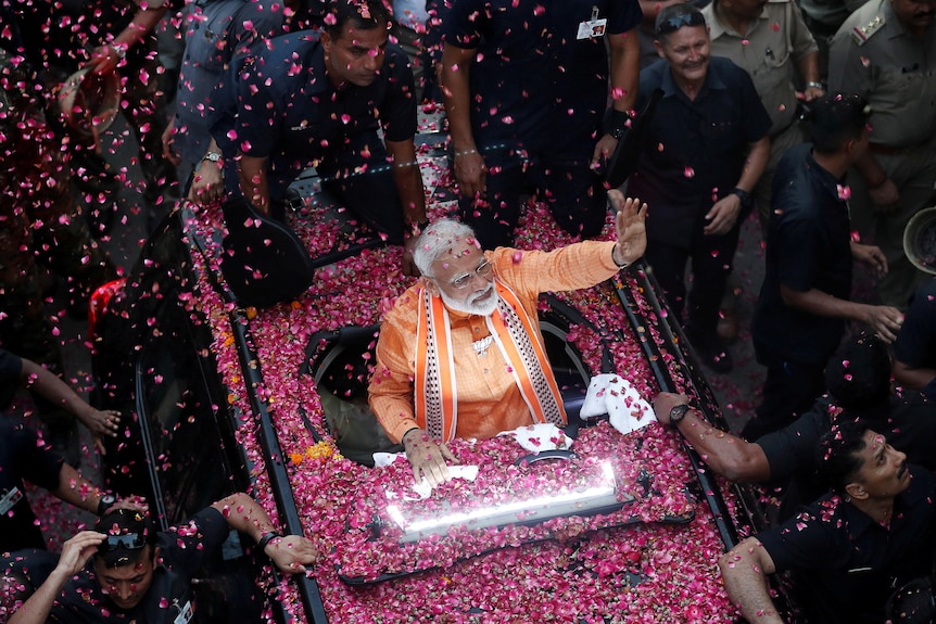 Modi in car from above with pink rose petals or confetti falling on him.