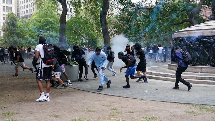 A large group of young men in a park disperse and run away after a smoke bomb goes off in the background