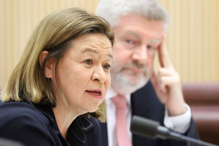 A close-up photo of Guthrie speaking, while Mitch Fifield looks her way in the background.