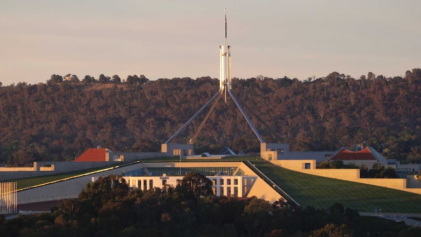 A panoramic view of Parliament House seen from a hot-air balloon.