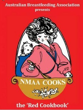 Photo of a cookbook cover with a red background and an illustration of a mother with a baby owhile cooking in the kitchen.