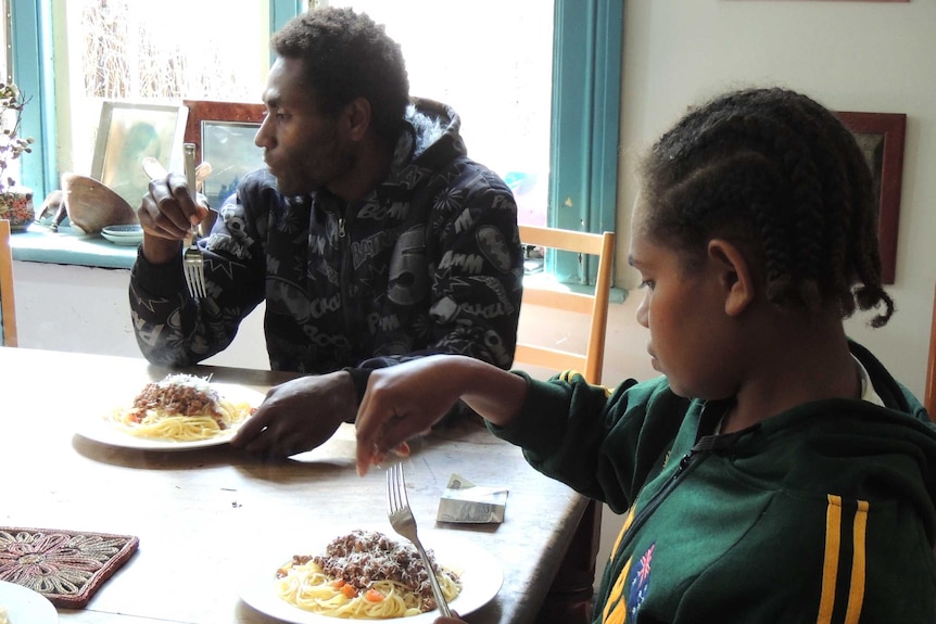 Tanna's leading couple eat spaghetti ahead of their debut at the Venice Film Festival.