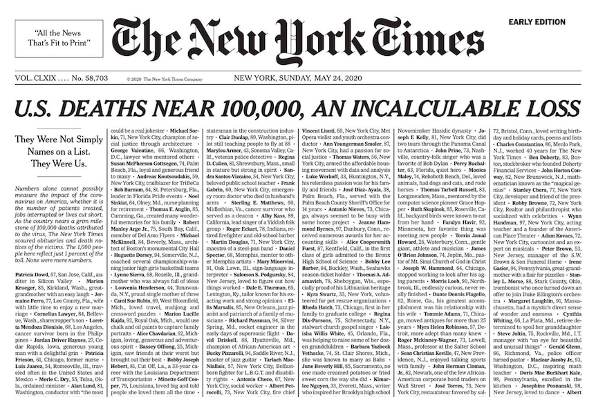 The New York Times front page listing 1,000 people killed by coronavirus.