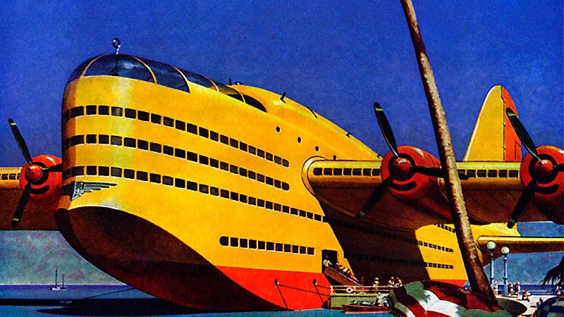 A drawing of bright yellow huge, futuristic flying cruise ship with a beach scene in the foreground