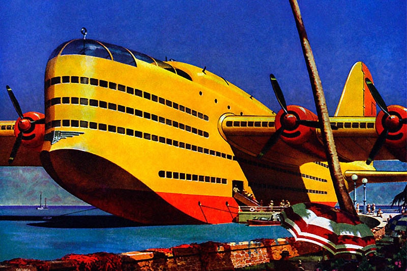 A drawing of bright yellow huge, futuristic flying cruise ship with a beach scene in the foreground