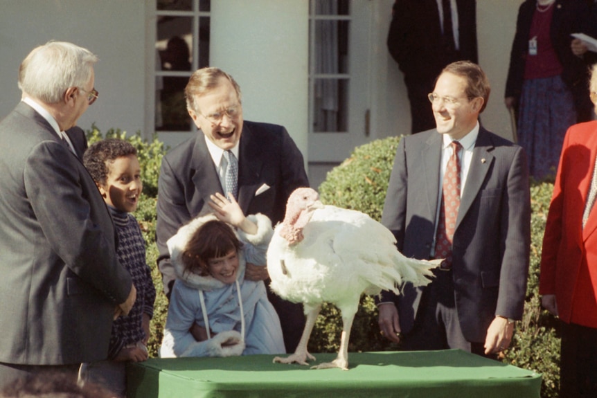 George H. W. Bush smiles at a white turkey in front of the White House, flanked by formally-dressed adults and two children. 