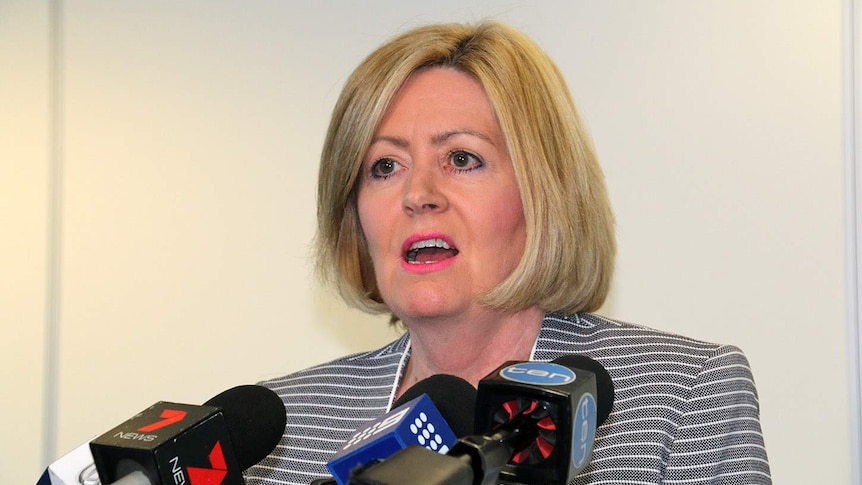 Lisa Scaffidi in front of a bank of media microphones.