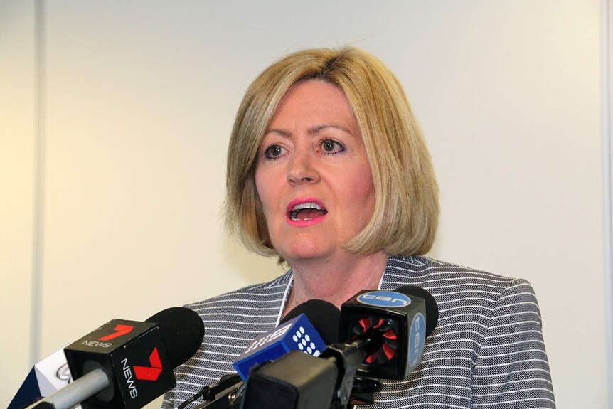 Lisa Scaffidi in front of a bank of media microphones.