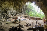 Team of archaeologists working in the Liang Bua cave on Indonesia's Flores Island