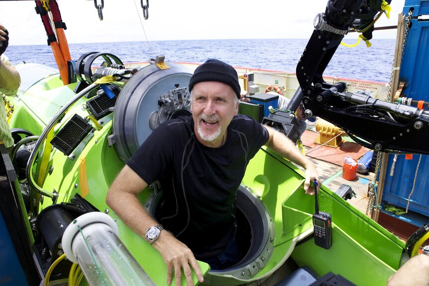 James Cameron emerges from the DEEPSEA CHALLENGER after travelling to the bottom of the ocean.