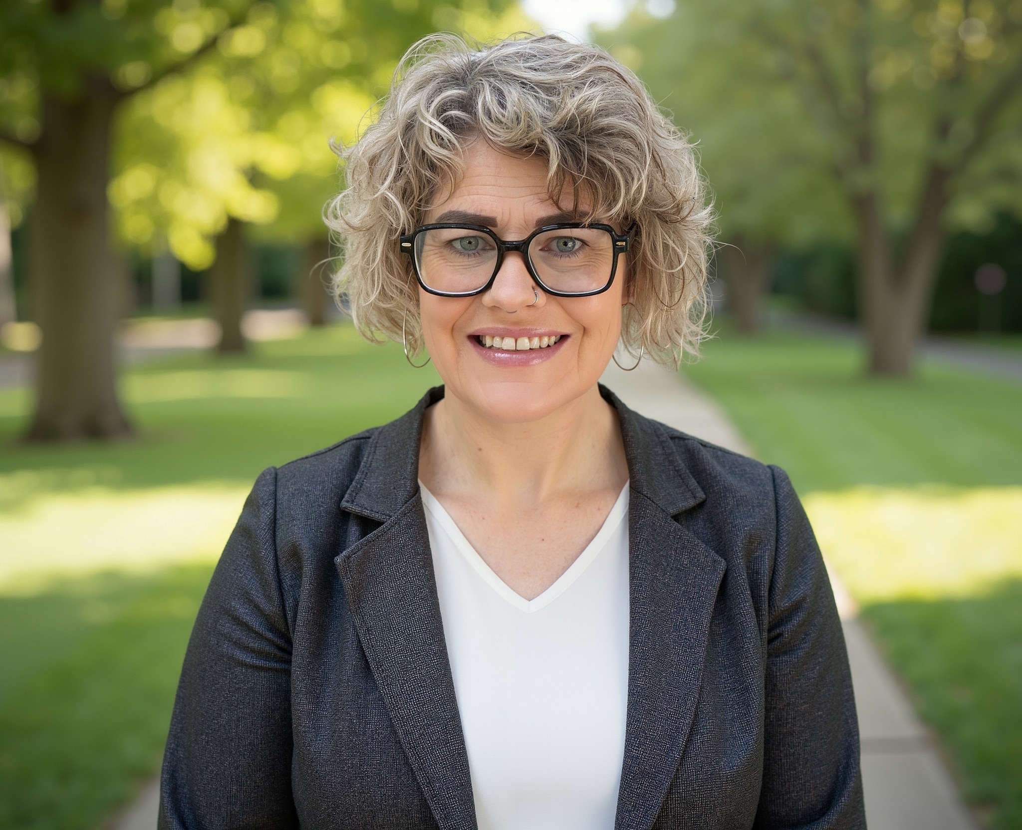 Mujer con gafas en el parque.