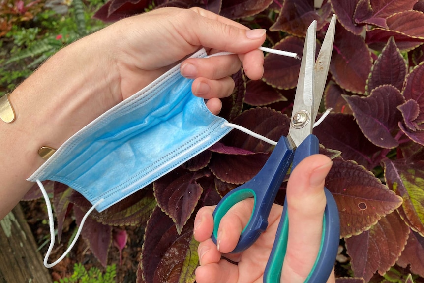 Woman cutting straps on disposable face mask