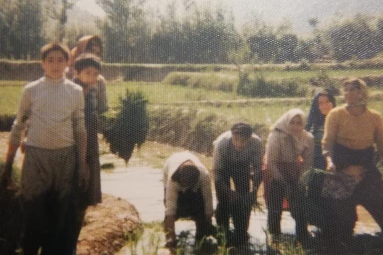 A boy stands next to a group pf peopel working in a field.