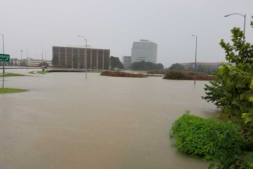 Buffalo Bayou near downtown Houston flooded