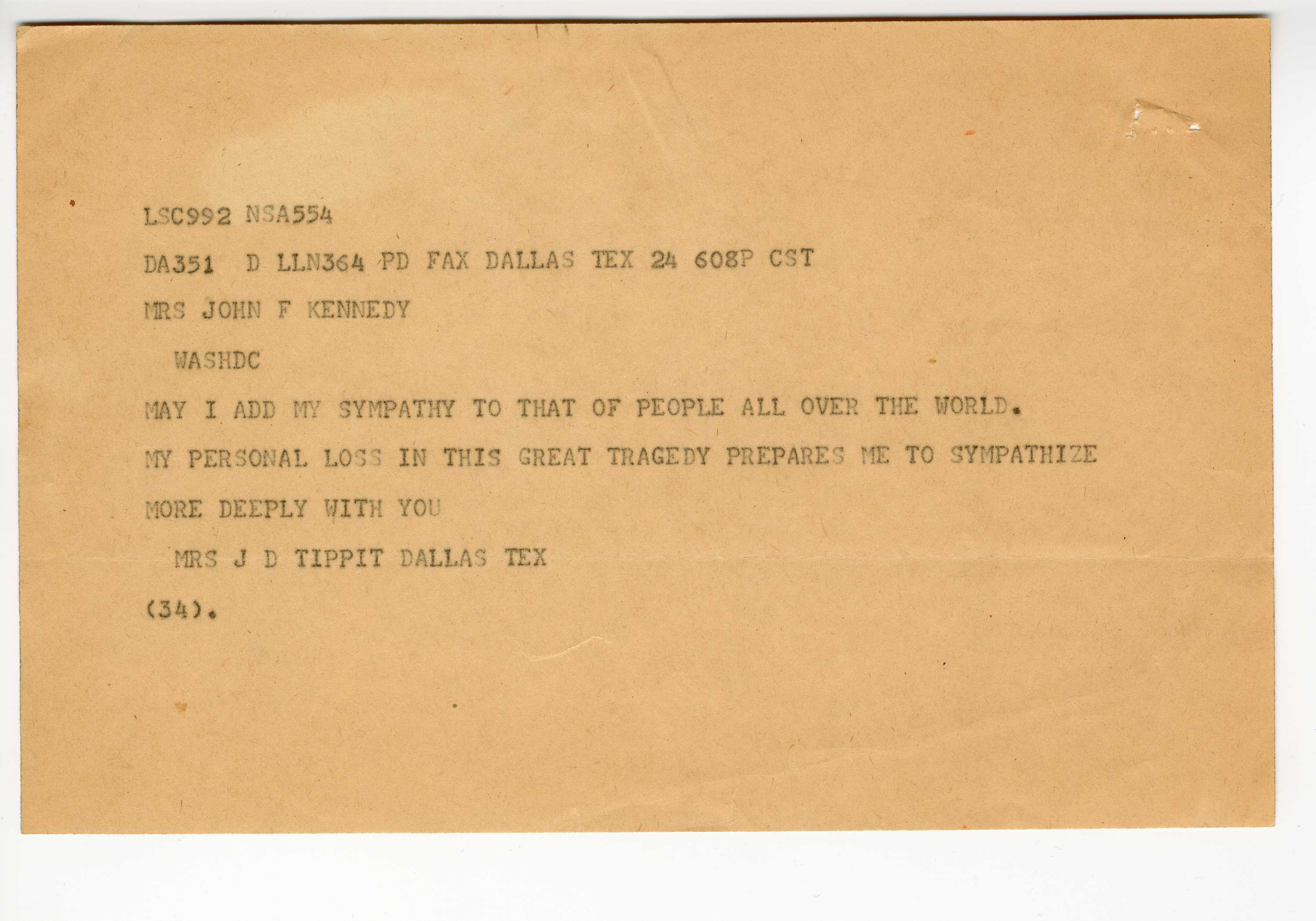 Condolence letter from Marie Tippit to Jacqueline Kennedy