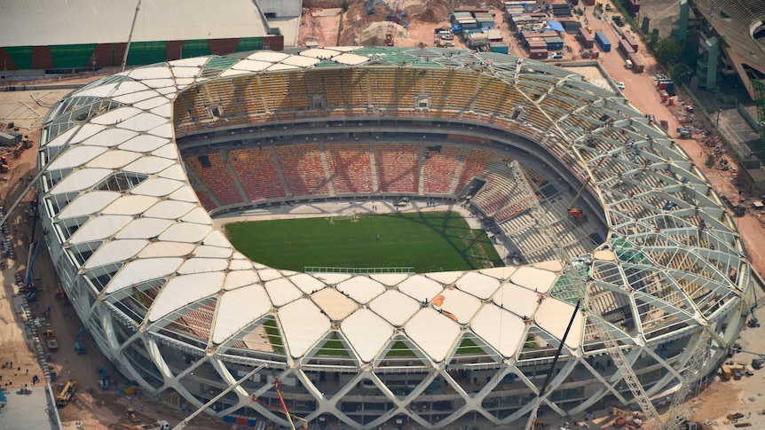 An aerial view of the Arena Manaus football stadium in Manaus, Brazil on December 10, 2013