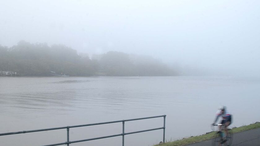 A cyclist rides through thick fog on Coronation Drive bikeway at Auchenflower in Brisbane this morning.