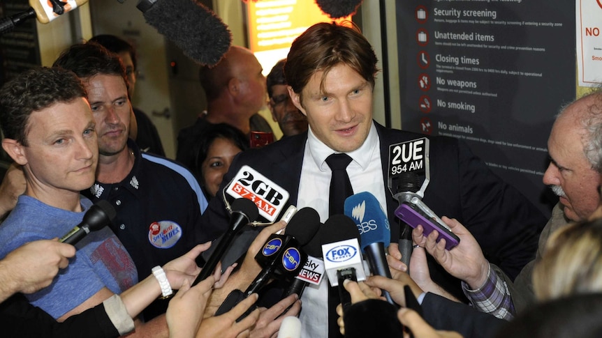 Shane Watson meets the press at Sydney Airport (AAP Image: Mick Tsikas)