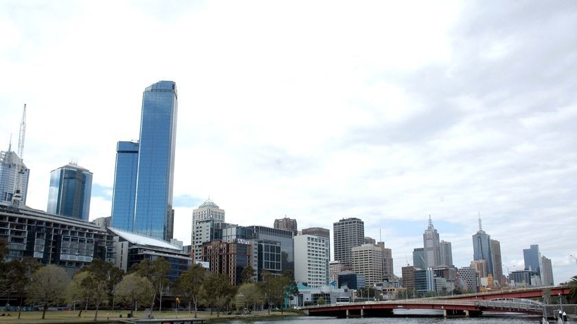 Melbourne skyline from beside the Yarra at the Crown Casino end of the city