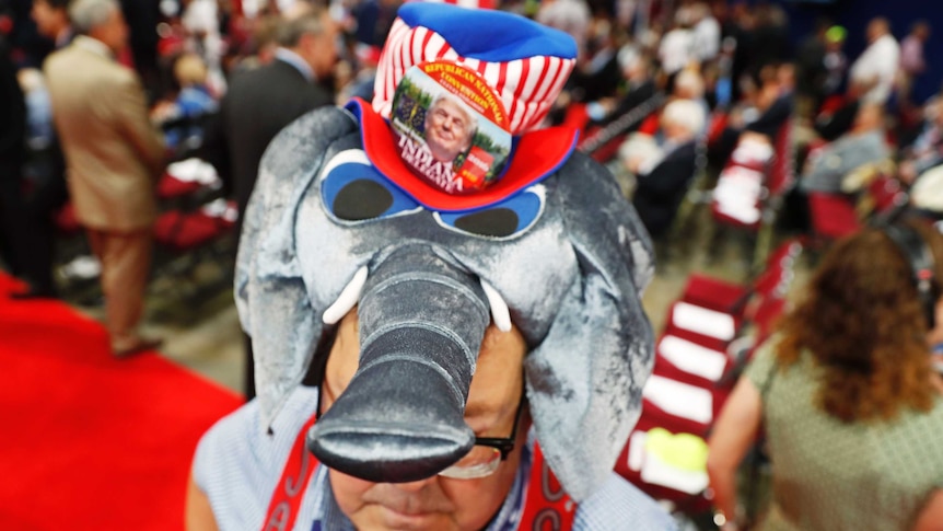 A Republican convention-goer wears a GOP mascot elephant hat