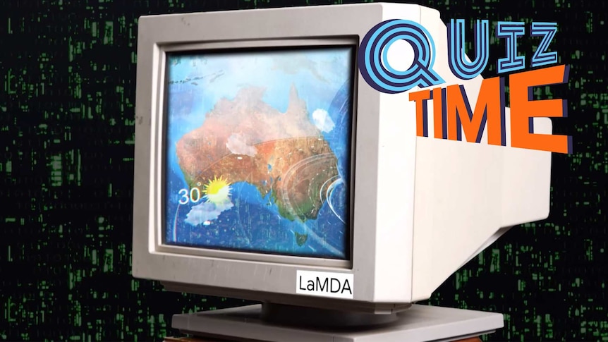 An old computer monitor showing a satellite map of Australia with weather charts overlaid.