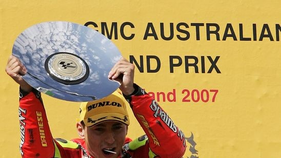 Jorge Lorenzo of Spain celebrates winning the 250cc during the