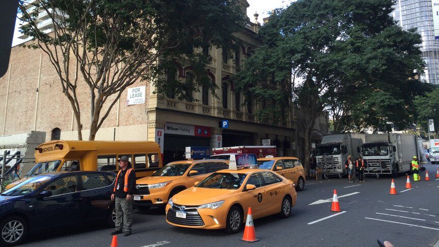 New York taxis line the streets of Brisbane's CBD on the set of Thor: Ragnarok.