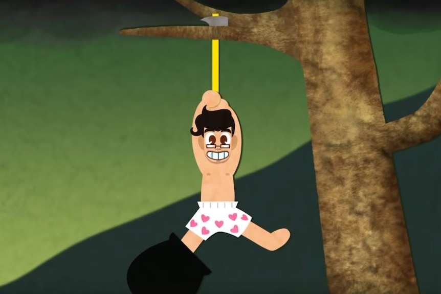 A cartoon man with glasses hangs from a tree in his underwear.