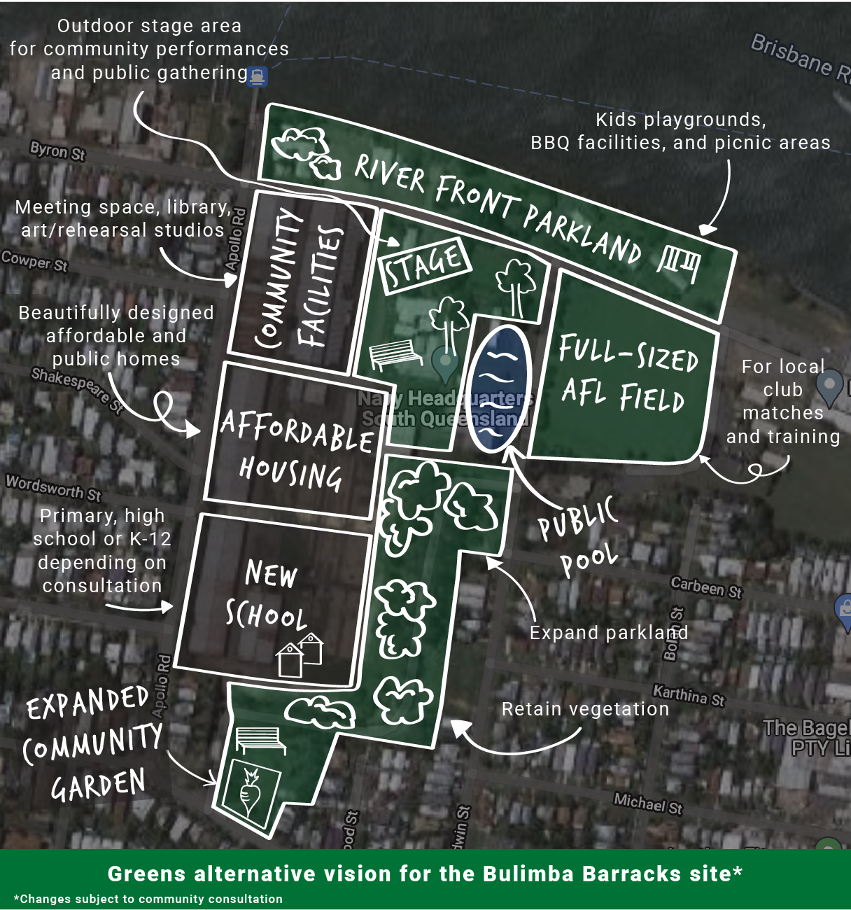 A sketched map showing plans for a new school, green space and community facilities at the Bulimba Barracks site