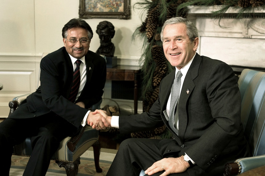 US President George W. Bush meets his Pakistani counterpart Pervez Musharraf in the Oval Office of the White House.