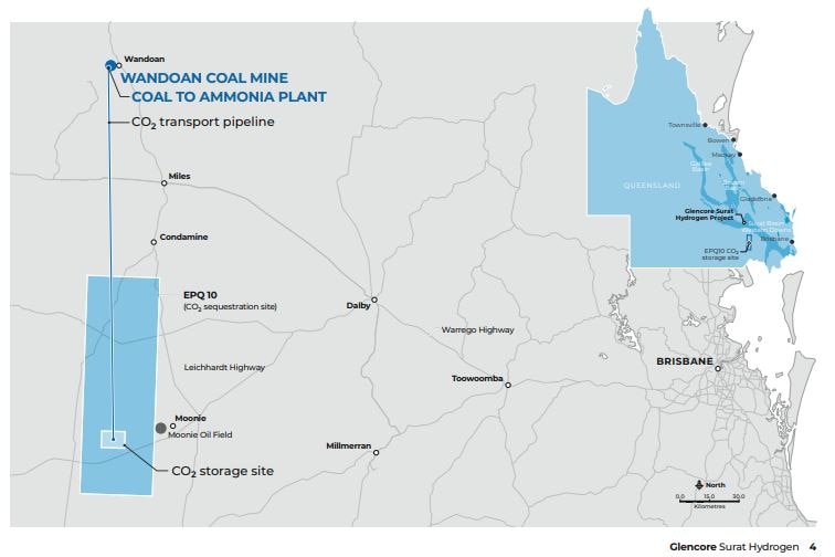A map of the Glencore Surat Hydrogen Project.