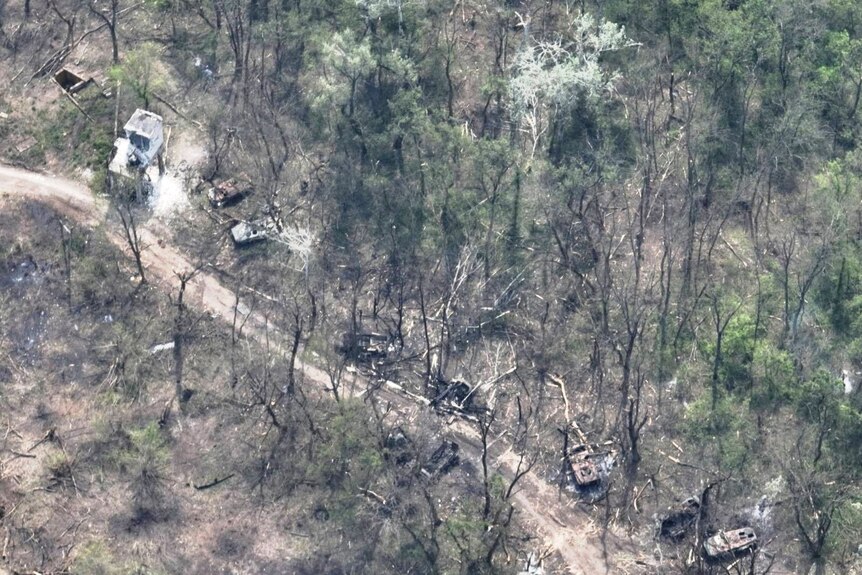 A satellite image of burned out vehicles in a forest 
