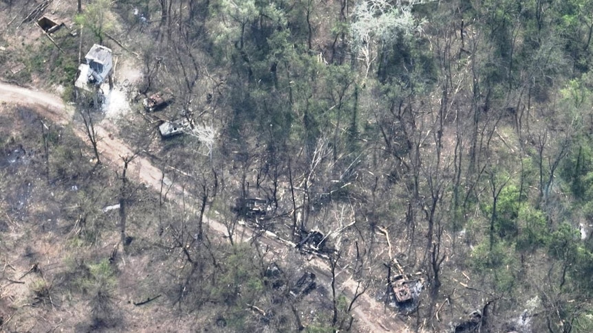 A satellite image of burned out vehicles in a forest 