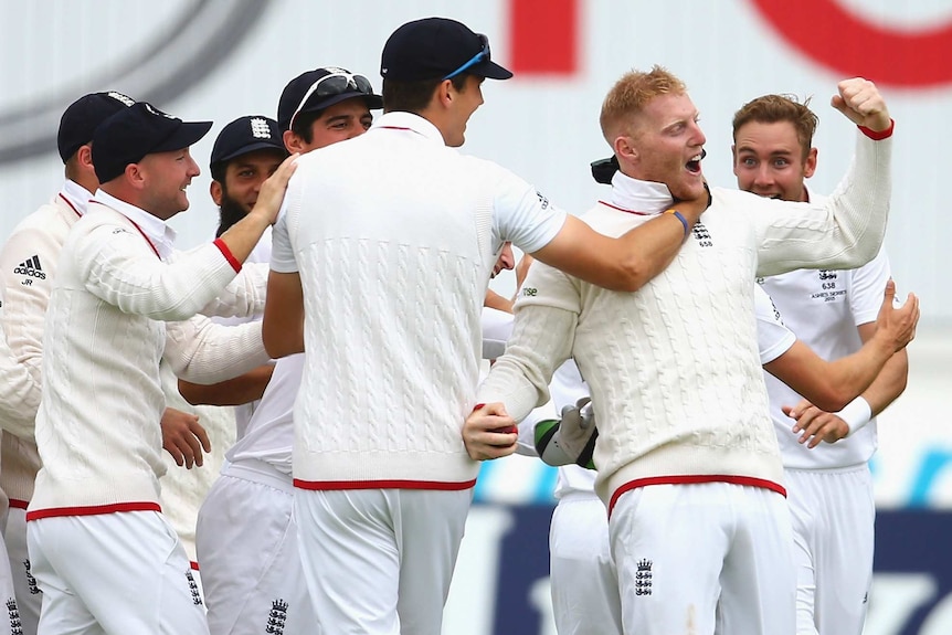 England's Ben Stokes celebrates after his catch to dismiss Adam Voges on day one at Trent Bridge.
