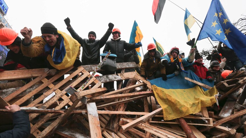 Pro-European integration protesters on barricades at Kiev's Independence Square.