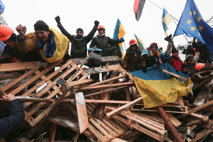 Pro-European integration protesters on barricades at Kiev's Independence Square.