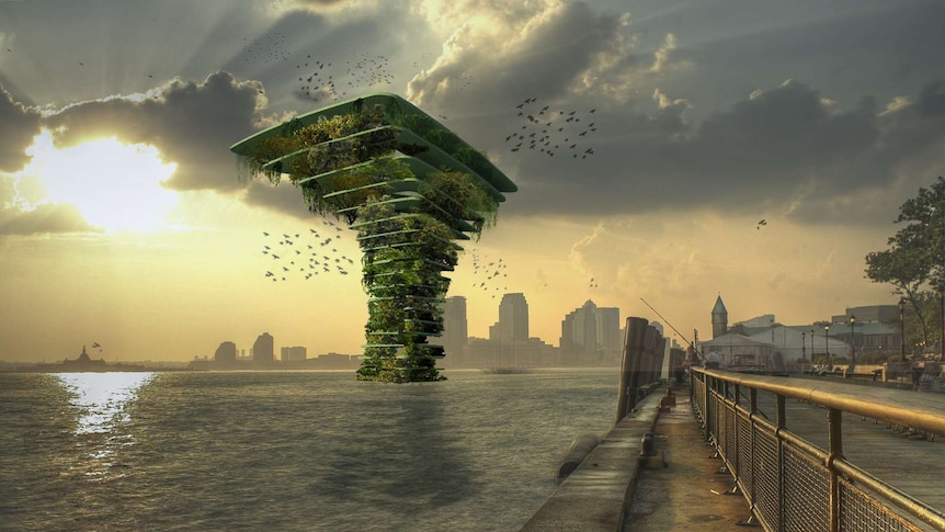 An upside down triangular building floating on the water, covered in trees and vegetation.