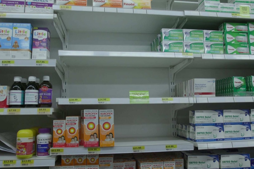 A pharmacy shelf completely stripped of a particular drug.