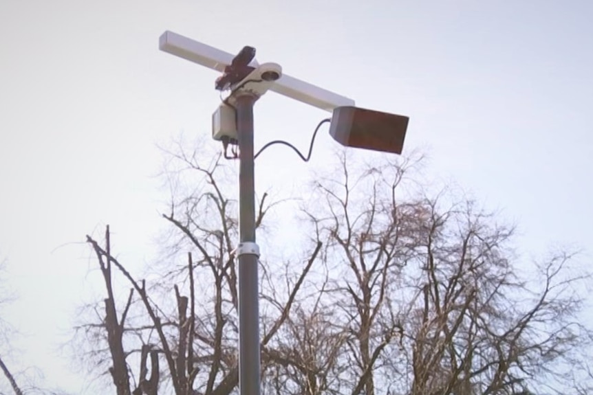 Mounted camera on extended tower, attached to speed detection mobile trailer.