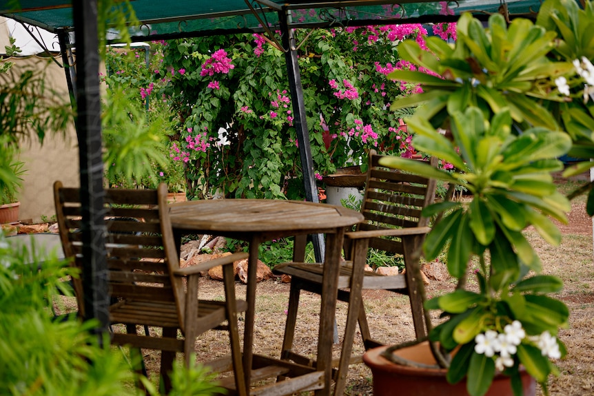 An image of flowers surrounding outdoor table settings. There are pink and white blooms.