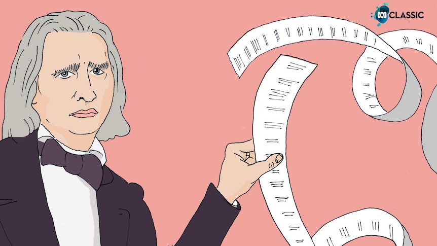 Cartoon image of Franz Liszt holding a list.