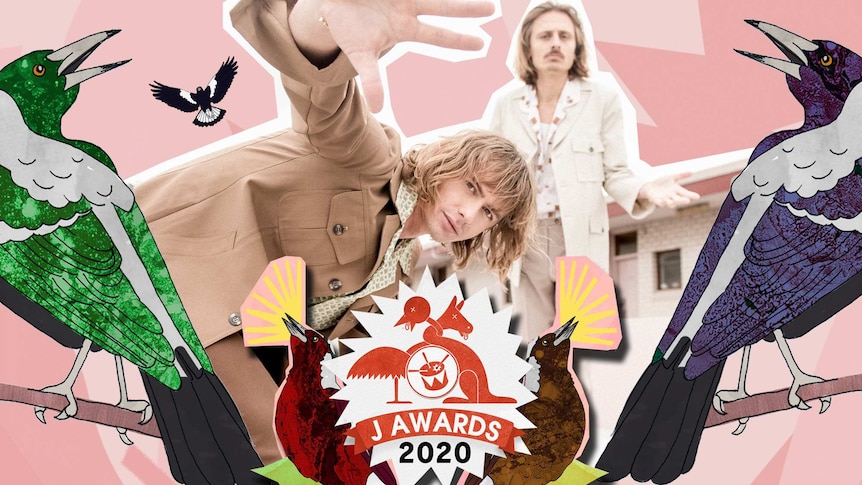 A collage of J Awards magpie art with a press shot of Lime Cordiale